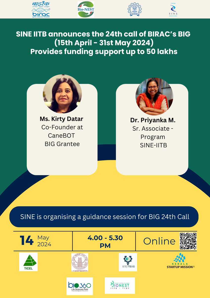 Date: 14th May, 2024
Time: 4.00 pm to 5.30 pm
Register here: bit.ly/4dsDHNd

#BIG #CallforApplication #BiotechnologyIgnitionGrant #Opportunity #BIRAC #Grant #innovators