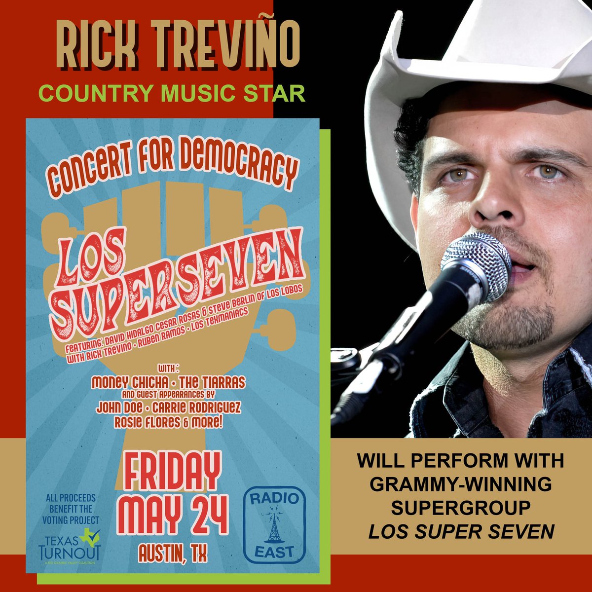 .<a href="/RickTrevinoMain/">Rick Trevino</a> will play with LOS SUPER SEVEN -featuring <a href="/LosLobosBand/">Los Lobos</a>’s David Hidalgo, Cesar Rosas and Steve Berlin-- at the MAY 24 Concert for Democracy in #Austin benefiting <a href="/TexasTurnout/">Texas Turnout</a> ⭐️Join us at RadioEast 👉bit.ly/4am7e8V
#austinmusicscene