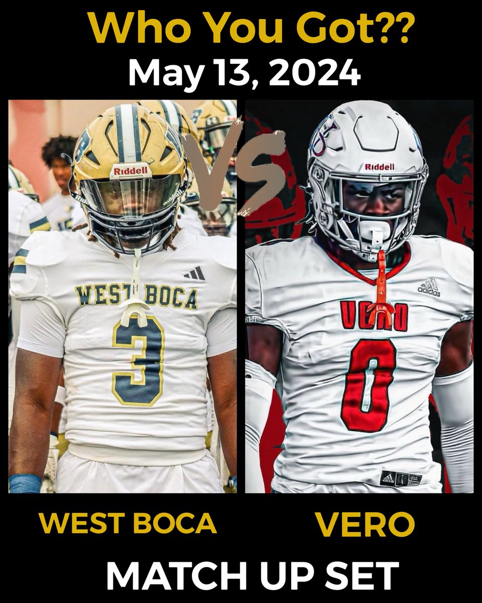 Game of the Night (Monday) for the entire state of Florida. West Boca vs Vero Beach. @WestBocaBullsFB @VBFootball @mallory_javian3 @TarvosAlford_II @CoachDylanPotts 🔥🔥🔥🔥