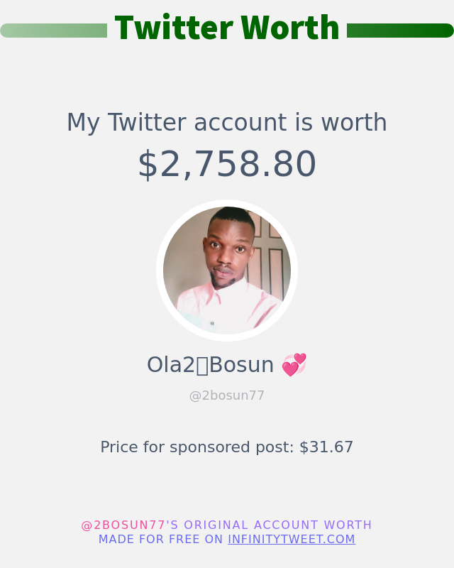 My Twitter worth is: $2,758.80

➡️ infinitytweet.me/account-worth