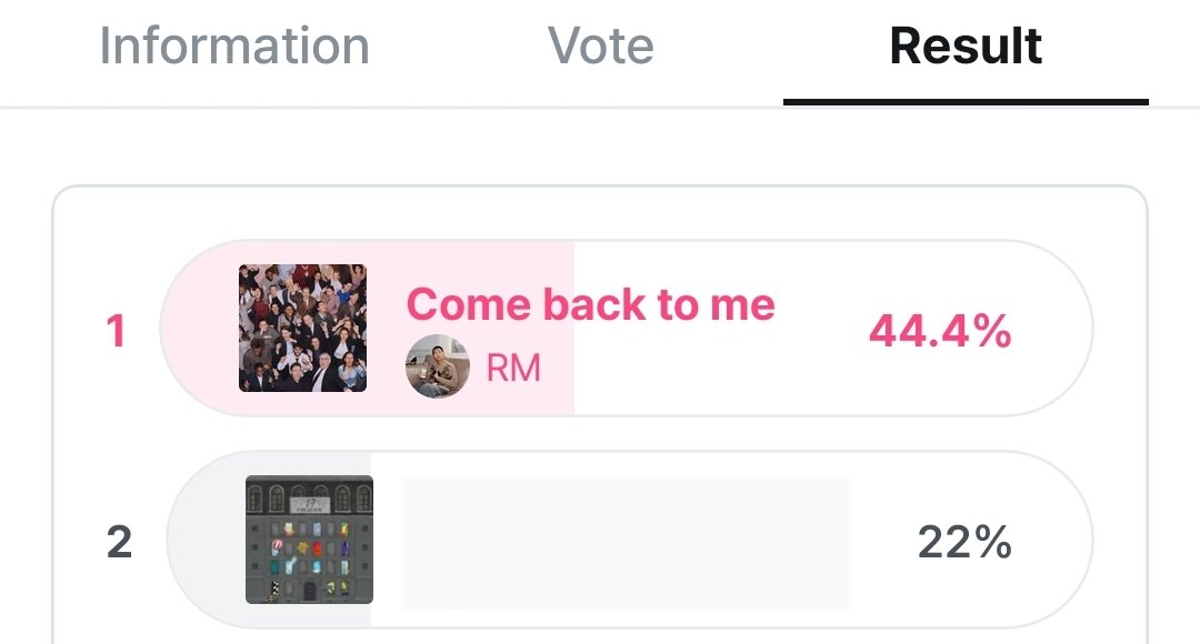 [MCOUNTDOWN]: PRE-VOTING Vote for 'Come Back To Me' by RM and increase the gap!    •  Status:  #1 (44.4%) • Gap: 22.4%    •  Link: mnetplus.world/community/vote…    ⏳ until TODAY, May 13, 11:59PM KST