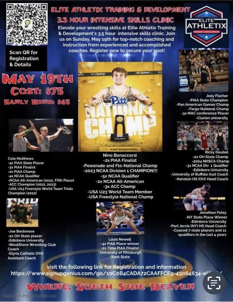 WPIAL_Insider's tweet image. Wrestling Folks out there‼️🔥

Take your Skills to the next level 📈

The Elite Atheltix wrestling clinic is just around the corner 👀 

Learn from top-notch athletes 🧠
• National Champs
• All-Americans
• Pan-Am Champs
• State Champs
• Many more!

m.signupgenius.com/#!/showSignUp/…