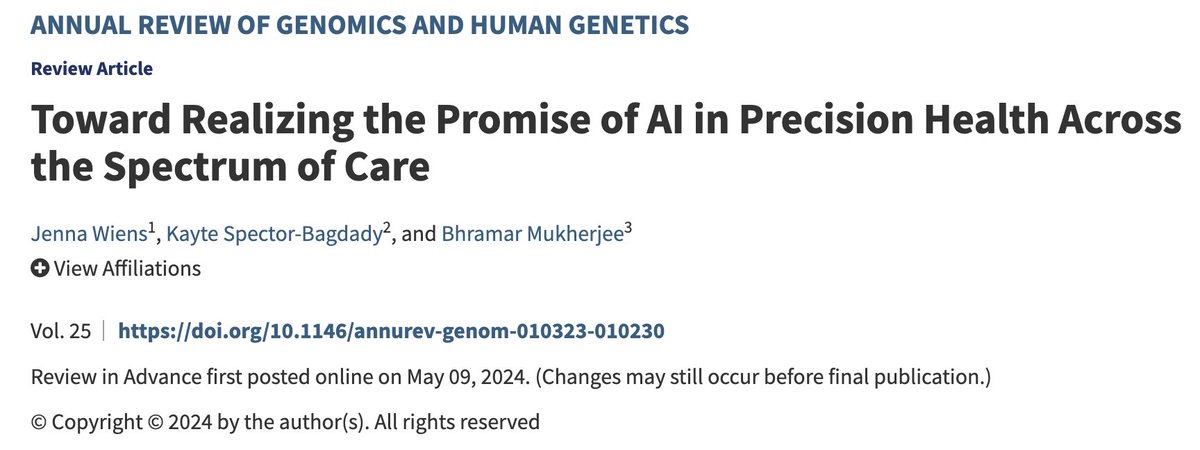 Really enjoyed working on this piece with two of my smartest colleagues @umich, @KayteSB and Jenna Wiens @umichPreHealth . In this review, we holistically discuss the role of genetics and AI in precision health, including in prevention and primary care. pubmed.ncbi.nlm.nih.gov/38724019/