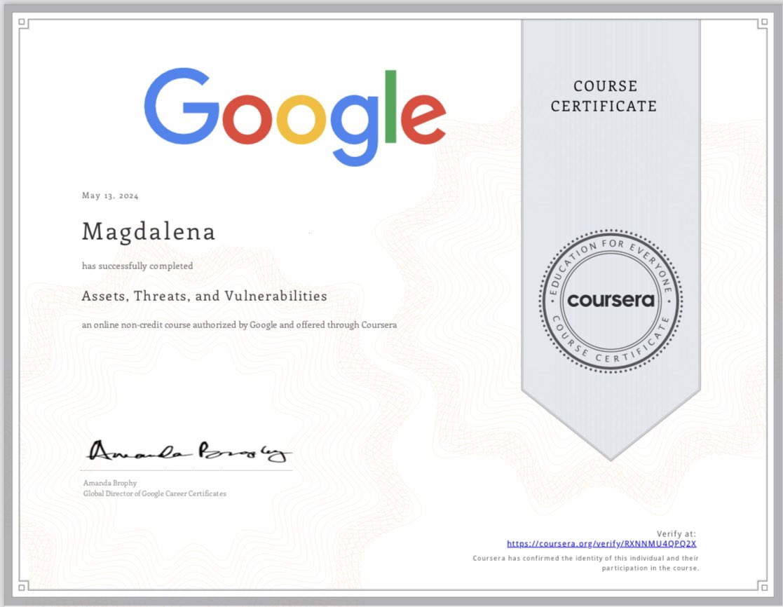 I finished the fifth course in the Google Cybersecurity Professional Certificate. 3 more courses to go. #GrowWithGoogle