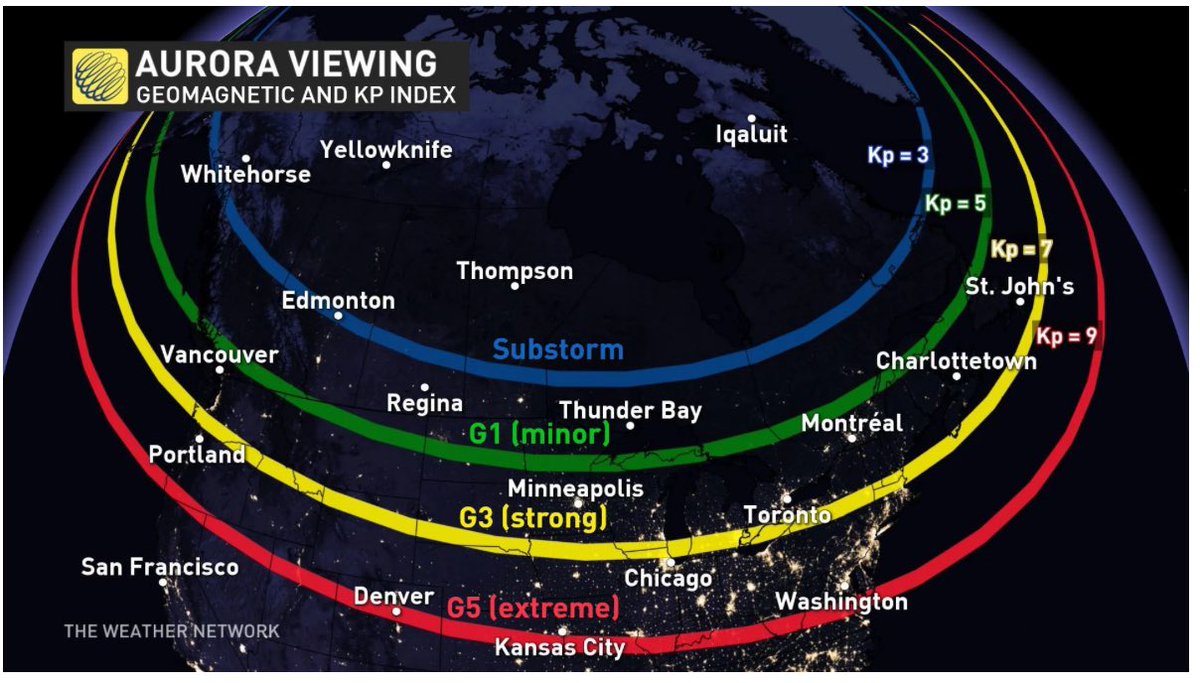 G3-Strong Geomagnetic Conditions are possible until 11p PT this evening per @NWSSWPC but things are expected to wane thereafter… with cloudy skies, viewing conditions are likely to be marginal at best for #Vancouver #BC if the #Aurora materializes. #YVRWx #BCwx #BCstorm…