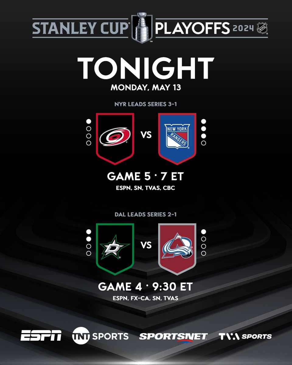 Monday’s slate features the @Canes looking to force a Game 6 in their Second Round matchup and the @Avalanche aiming to pull even in their series. #StanleyCup #NHLStats: media.nhl.com/public/news/18…