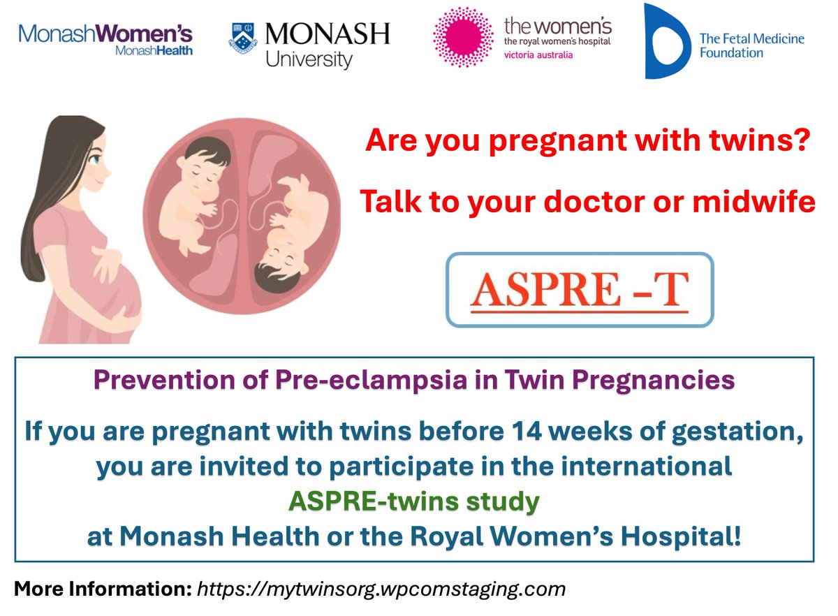 Monash Health is recruiting for an international study on aspirin to prevent pre-eclampsia in twin pregnancies.

If you are pregnant with twins before 14 weeks of gestation, talk to your GP, Midwife or Obstetrician.