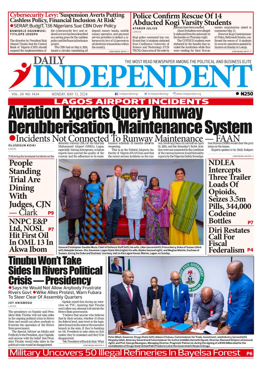 Just published: front page of Daily Independent Newspaper for today, 13 May, 2024