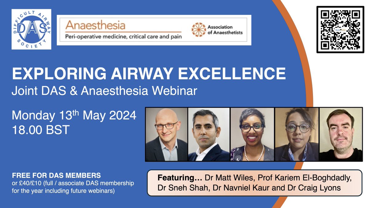 Exploring Airway Excellence TONIGHT 1800 BST Grab a ticket & join @STHJournalClub @elboghdadly @LondonSneh et al to hear about ➡️NEW airway mx in c-spine injury guideline ➡️airway research lessons for trainees/LMIC ➡️high flow nasal oxygen research ➡️VL scoring @dasairway