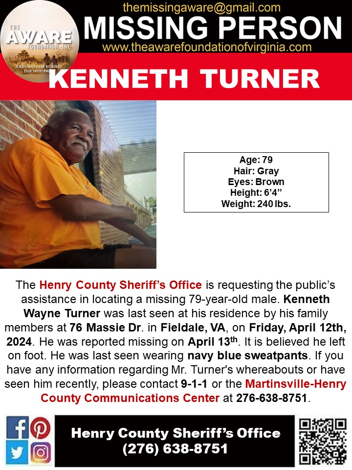 ELDERLY MAN FROM HENRY COUNTY VIRGINIA STILL MISSING: In news from Henry County, an elderly man, who disappeared in mid-April , is still missing. And authorities are asking if you have any information whatsoever to please give them a call. The Henry County Sheriff's Office is…