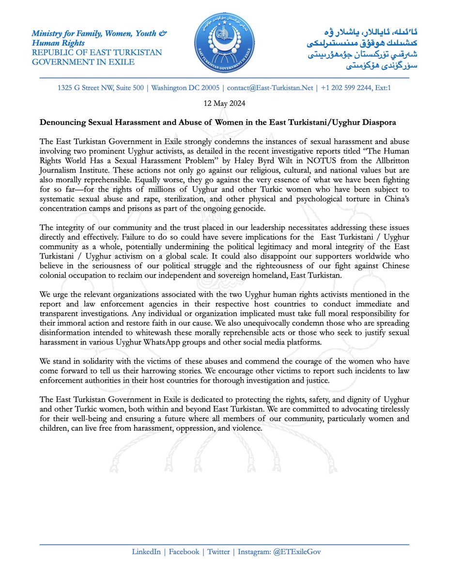 The ETGE strongly condemns the instances of sexual harassment and abuse involving two prominent #Uyghur activists, as detailed in the recent investigative reports titled “The #HumanRights World Has a Sexual Harassment Problem” in @NOTUSreports. These actions not only go against