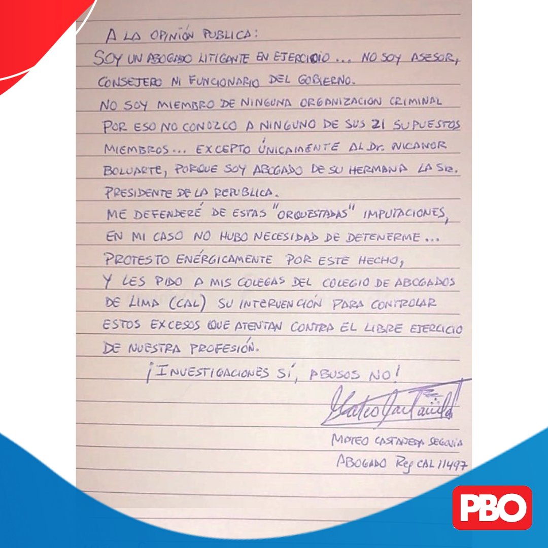 #PBO | Abogado de Dina Boluarte, Mateo Castañeda, envía carta tras ser detenido ¿Qué opinas? PBO #noticias