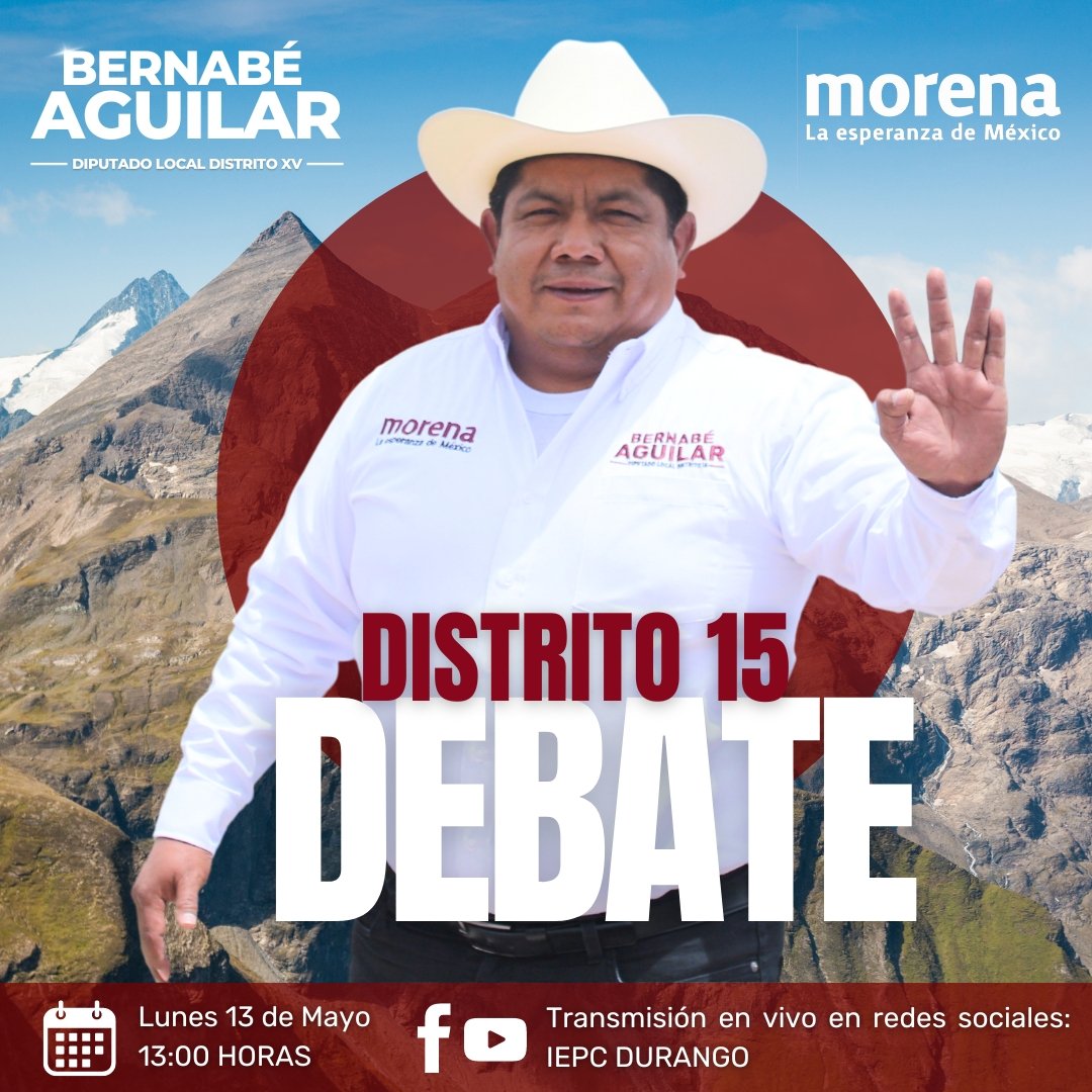 BernabeAguilarC's tweet photo. Nos vemos el día de mañana en nuestro debate para contrastar ideas por el #Distrito15 ¡Vamos con todo!
🗓️Lunes 13 de Mayo
⏰13:00 horas
📍 Transmisión en vivo de las redes sociales del IEPC Durango
#Elecciones2024 #Durango #suchil #elmezquital #PuebloNuevo https://t.co/9OFZaqQigh
