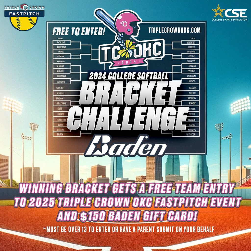 🚨🥎 2024 Triple Crown OKC College Softball Bracket Challenge is now LIVE! #NCAASoftball Join the contest FREE! Winning bracket gets a free entry to the 2025 TC OKC event & a $150 gift card from @BadenSports! 🥎Enter Contest Here: bit.ly/OKCBracketChal…