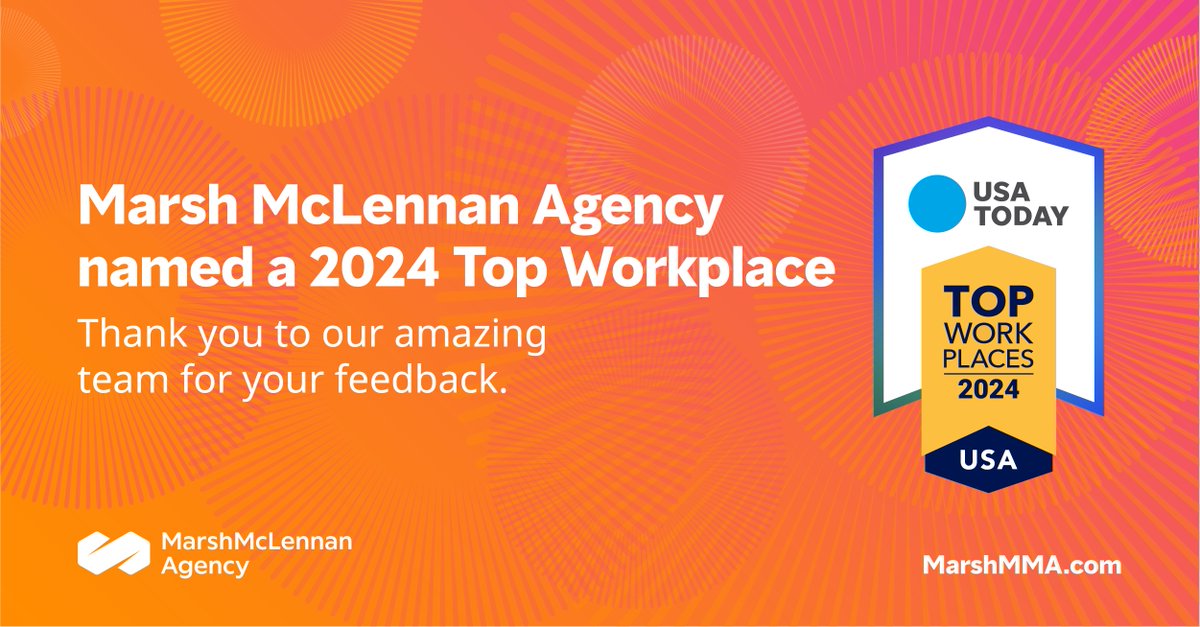 .@Marsh_MMA has been named a 2024 Top Workplace coming in at 9th on the list.✨ I love working for a company with an award-winning culture. Head to the link below to learn what makes MMA such a great place to work. #NowHiring #TopWorkplaces sprou.tt/1DYkLSG2PBa