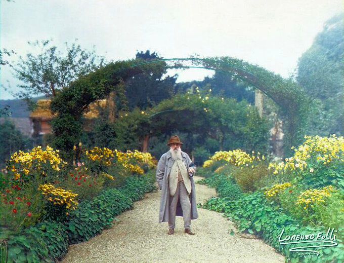 Claude Monet in his garden. Giverny, 1899. Color by Lorenzo Folli