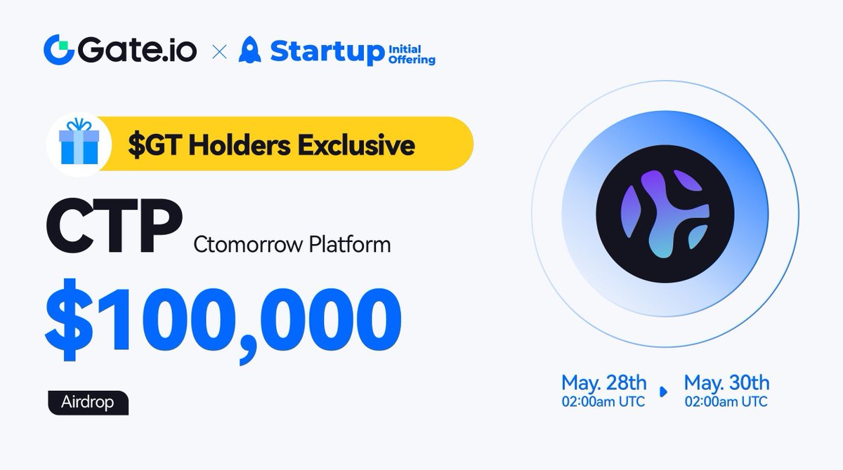 Gate.io Startup Free Offering:  23,116,042 $CTP #Airdrops 
@ctomorrow_kr
 
🪂 $GT Holder Exclusive
⏰Duration: 2:00AM, May 28 - May 30 (UTC)
⏰Trading: 6:00AM, May 30 (UTC)

Claim: gate.io/startup/1492 
More: gate.io/article/36520 

#GateioStartup