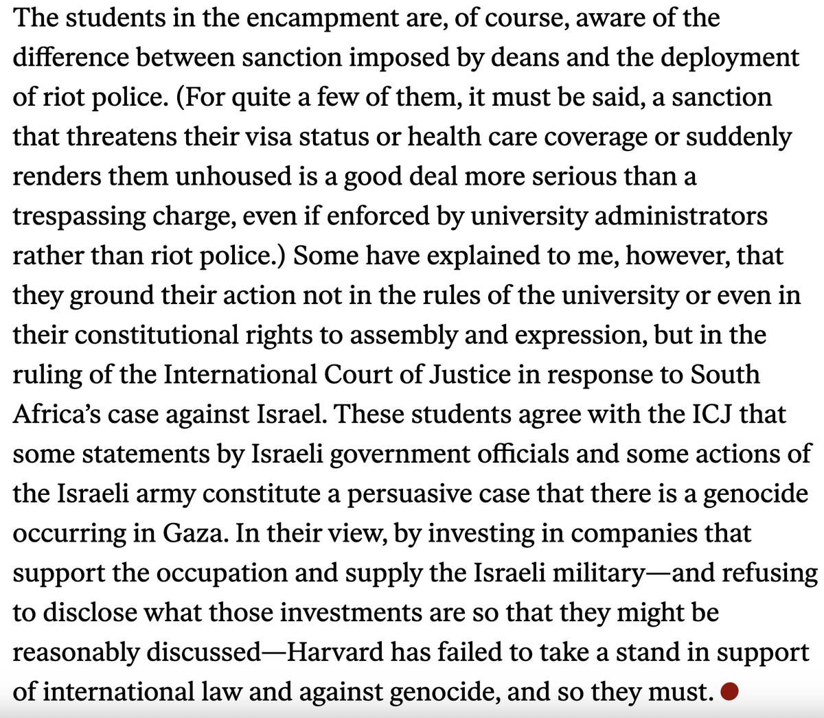 'Some [students] have explained to me... that they ground their action not in the rules of the university or even in their constitutional rights to assembly and expression, but in the ruling of the International Court of Justice in response to South Africa’s case against Israel.'