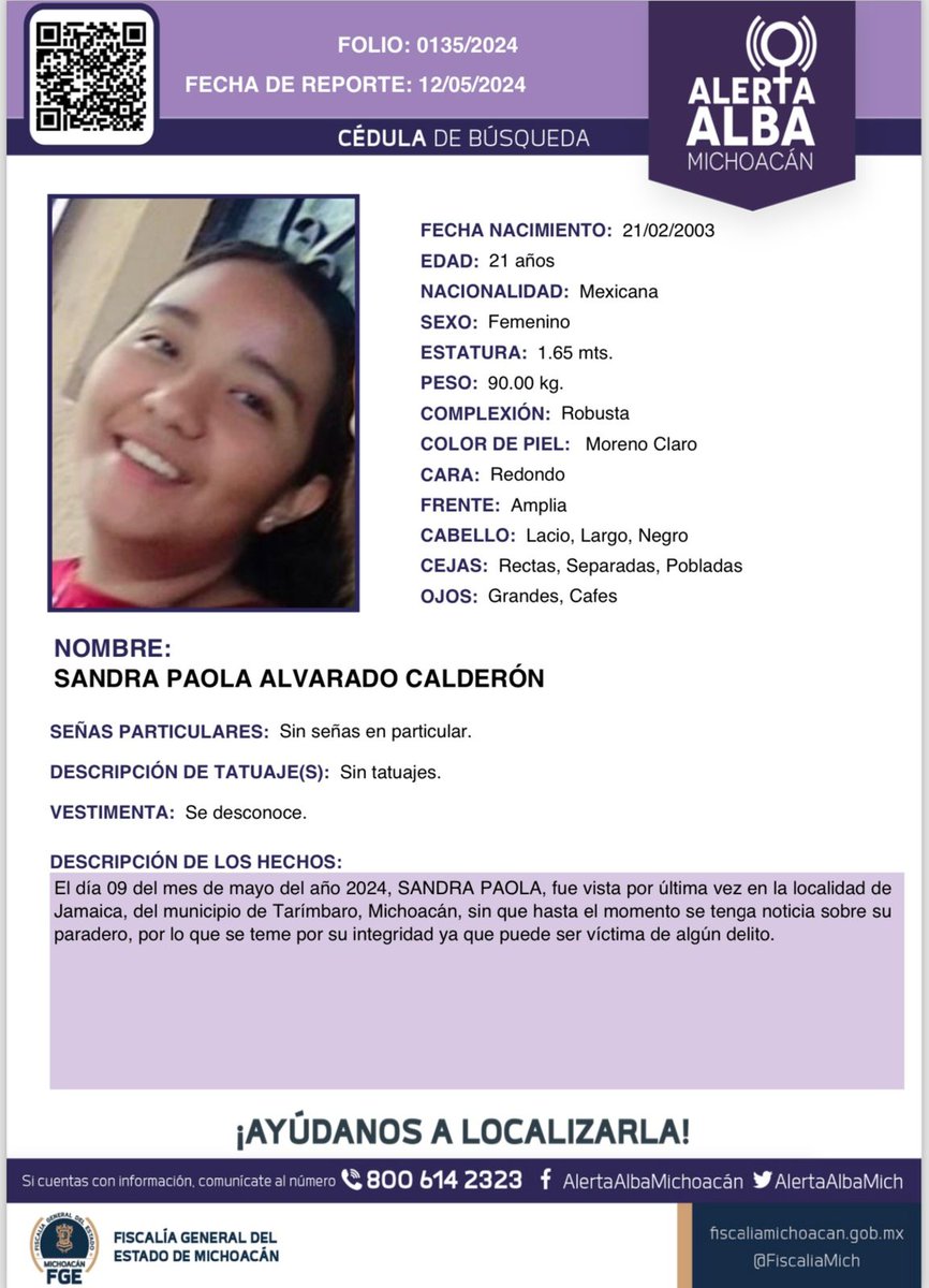 ⚠️🟣 Solicitamos su apoyo para la búsqueda y localización de SANDRA PAOLA ALVARADO CALDERÓN de 21 años de edad. #Comparte #AlertaAlba #AlertaAlbaMichoacán #AyúdanosAEncontrarla #FGEMich @BotDesaparecidx