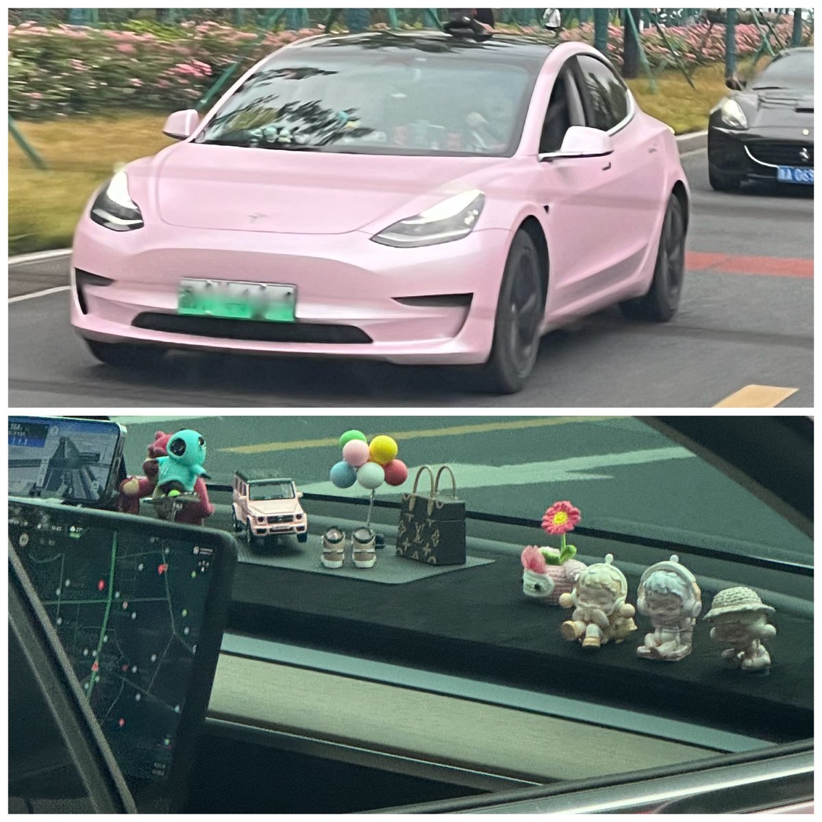 When visiting a city for the first time, I love to have a day of sightseeing. 
Enjoying Hangzhou with my fabulous manager and CAA China agents💖💖💖
We also have fun spotting the Teslas. This one was adorable: it’s pink with wonderful ornaments on the dashboard 💖💖