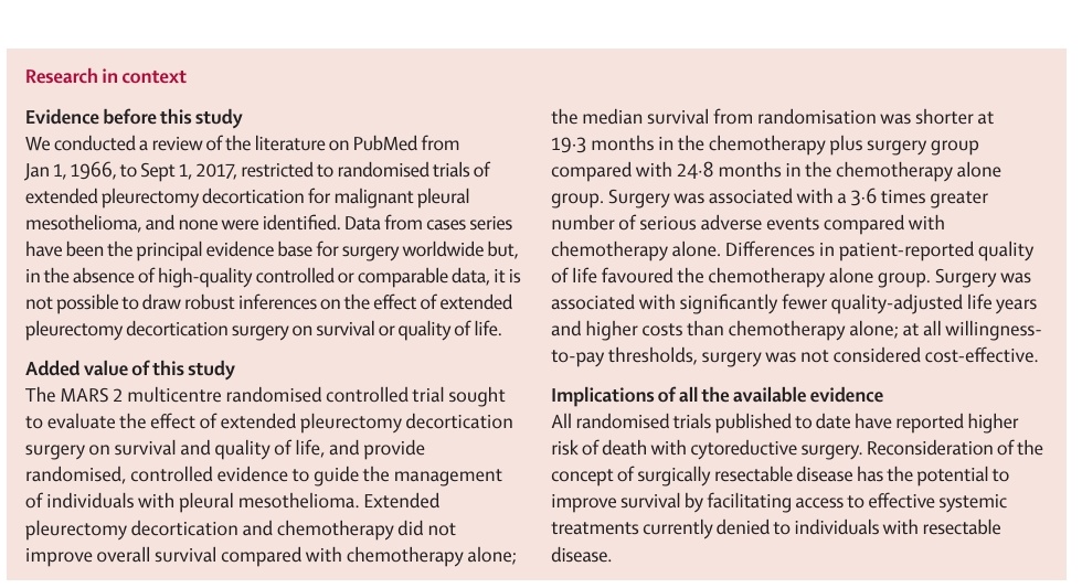 Diminishing role of surgery in pleural mesothelioma? MARS2, phase 3 RCT has shown that extended pleurectomy decortication was associated with worse survial to 2 years and more serious adverse events for individuals with resectable pleural mesothelioma, compared to