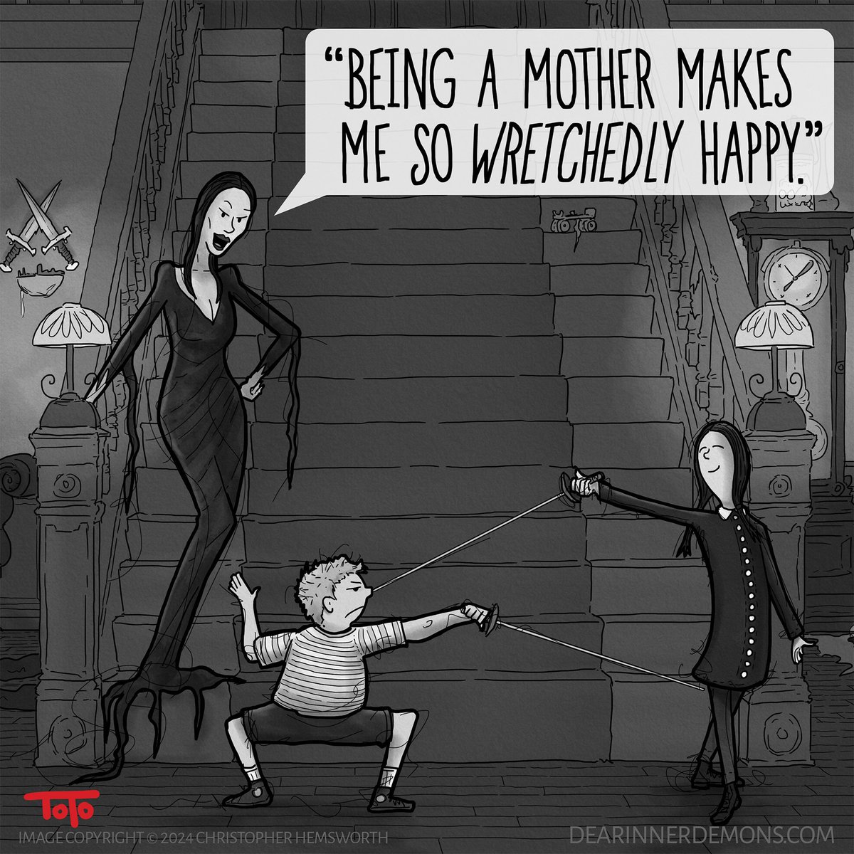 dearinnerdemons's tweet photo. A new (Mother's Day) comic for you featuring #Morticia #Pugsley and #WednesdayAddams from the #AddamsFamily, (the creation of Charles Addams [1912-1988]). As always you can see the full "wide" version on laptop or desktop at https://t.co/JW9wGPTdqH #MothersDay #MothersDayComic https://t.co/SO7h9pSWMA