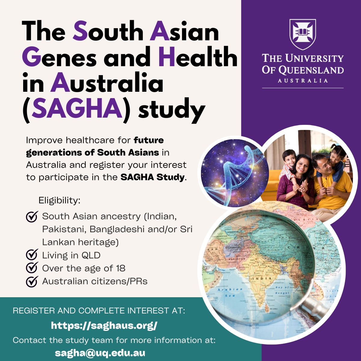 The South Asian Genes and Health in Australia (SAGHA) study is the first genomic study focused on the South Asian pop in Aus, is now open for recruitment! 👉 Head to loom.ly/aYyDE1s for more info and to register. An in-person event to be held 18th May @SpringfieldQLD.