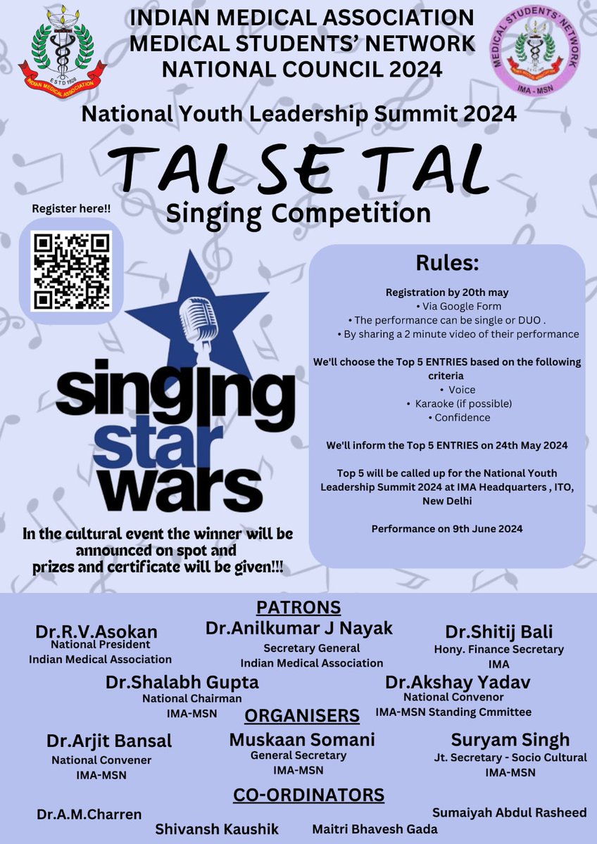IMA-MSN presents- TAL SE TAL - Singing Star Wars - A Singing Competition🎙️ Share a 2minute video of your performance and Submit your entries via the google form: docs.google.com/forms/d/e/1FAI… The Top 5 entries will be called up for the NYLS 2024 at the IMA Hqs, ITO, New Delhi on 9 June