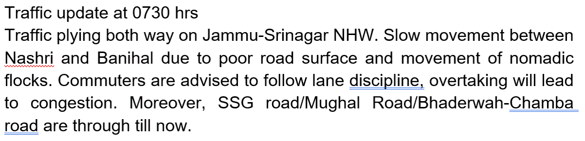 Traffic update at 0730 hrs @JmuKmrPolice @JKTransportDept @OfficeOfLGJandK @Divcomjammu @DivComKash @ZPHQJammu @diprjk @ddnews_jammu @ddnewsSrinagar @ddnewsladakh