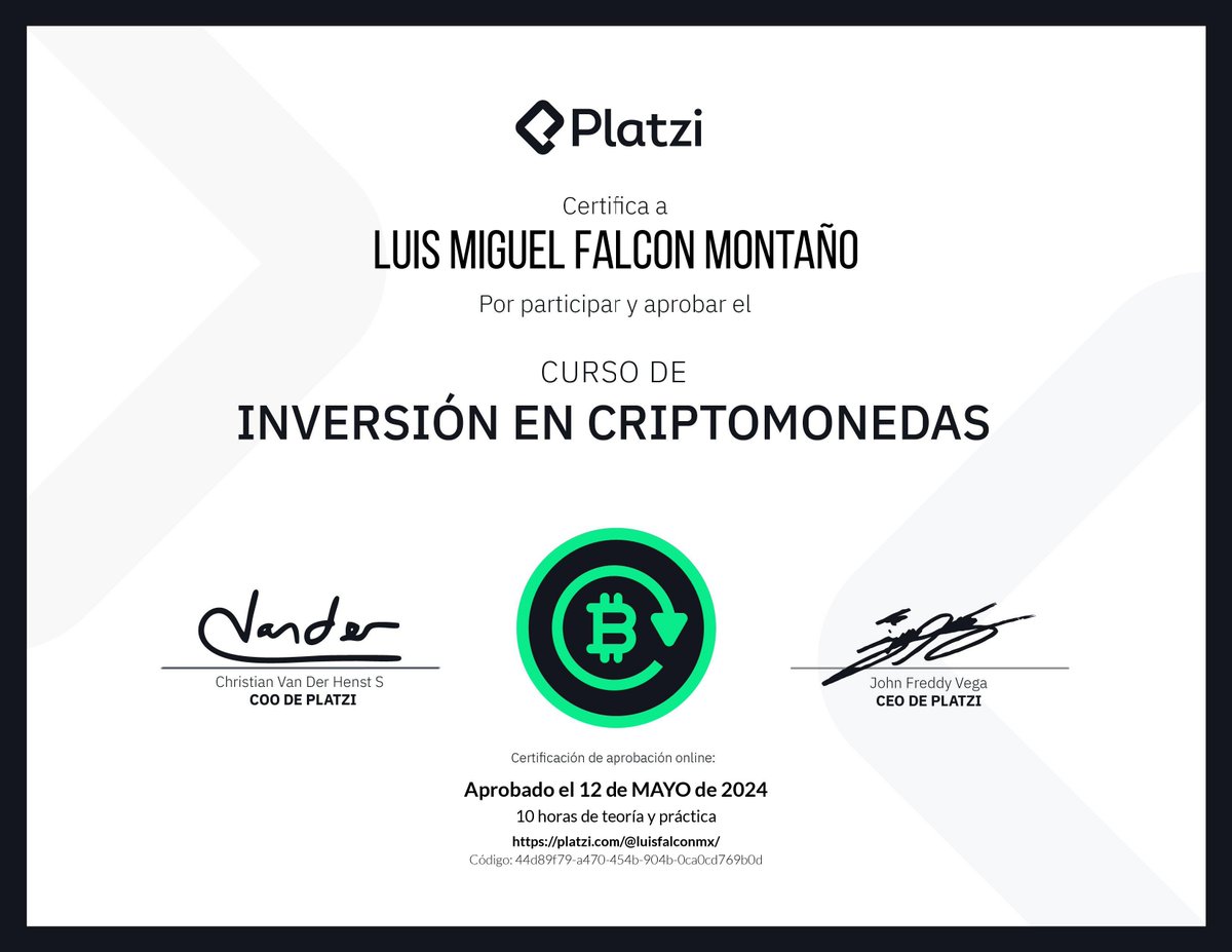 luisfalconmx's tweet photo. I’m happy to share that I’ve obtained a new certification: Curso de Inversión en Criptomonedas from Platzi! https://t.co/Uaiqc6CZ3D