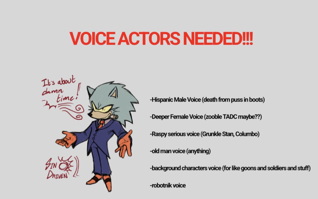 SinDriven, a Crime Drama Sonic AU Cinematic Audio Book in the same vein as projects like Epithet Erased Prison of Plastic, needs Voice Actors!

If you're interested you can try some out, I submitted examples below! 

#sonicau