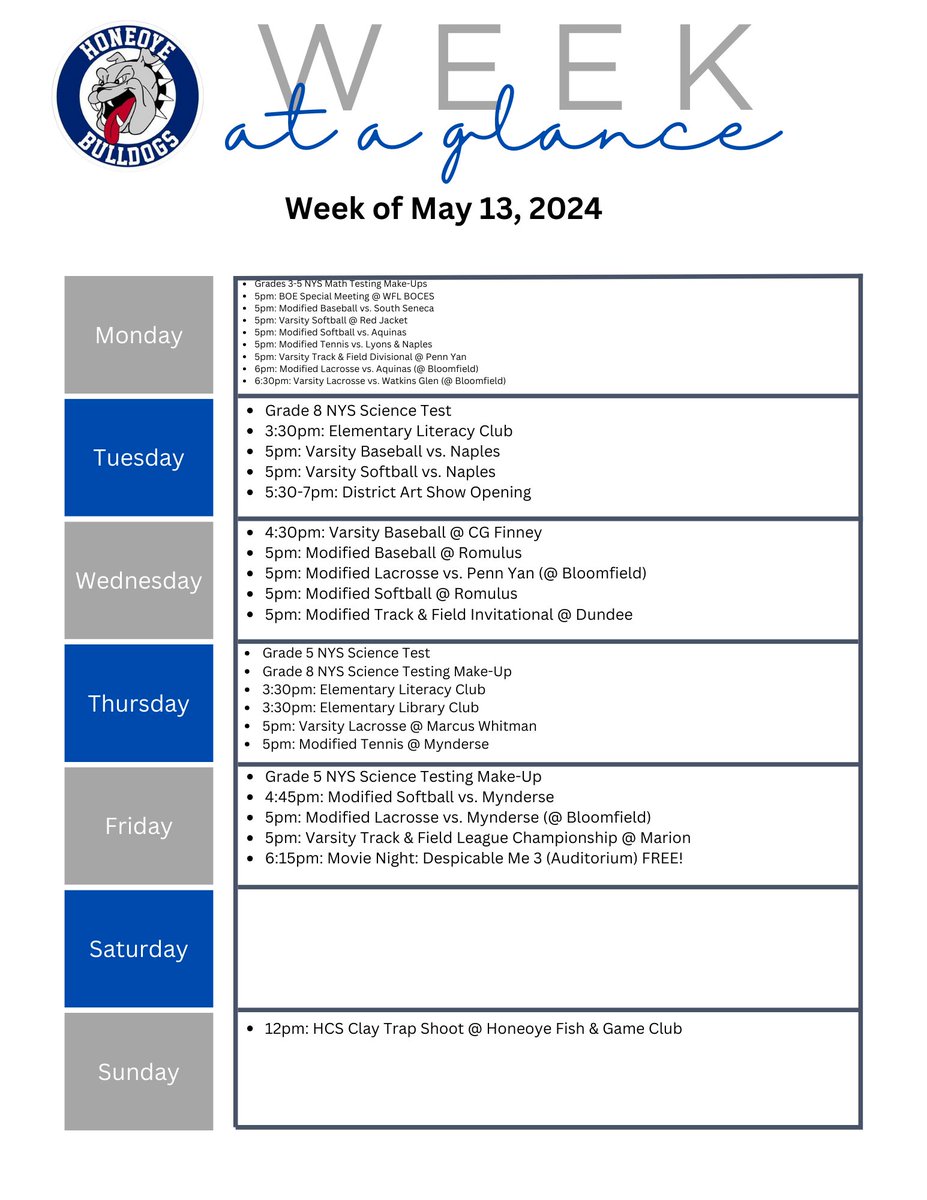 👀 what's going on this week at HCS. Most updated info can always be found at honeoye.org. #HoneoyeProud 🐾🔵⚪️