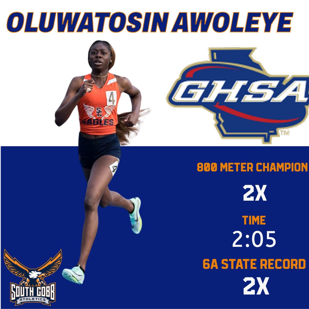 Congratulations to Tosin for winning the @OfficialGHSA state track championship in the 800 meter for the 2nd year in a row! She set a new GHSA 6A record that was previously held by her! #ThreePeatLoading @cobb_sports @scobb_eagles @tommyjperry @CCSD_AD @mdjonline @milesplit