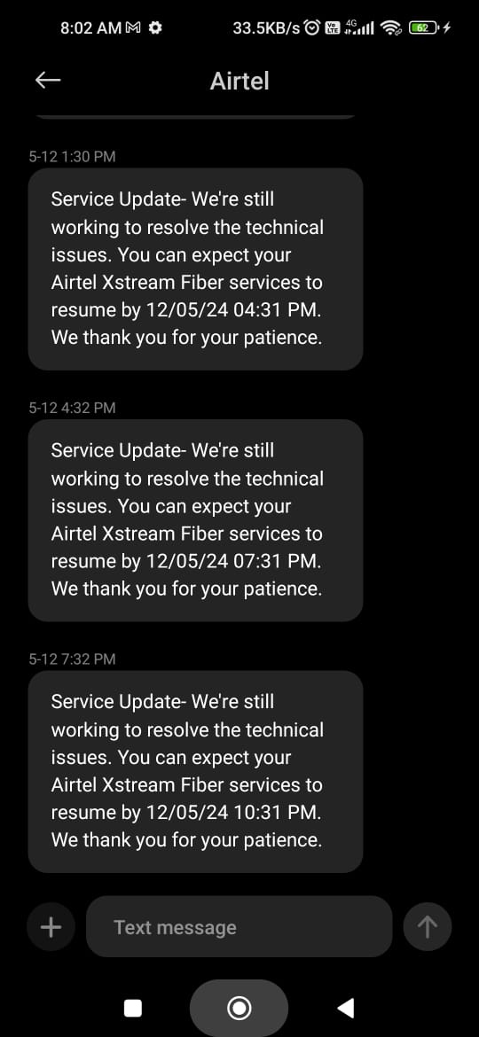 Hey @airtelindia , it's been 3 days since my internet has stopped due to a broken cable, and all I get is constant delays and excuses every 2 hours! This issue is making it very hard for me to work from home. Please fix it fast.