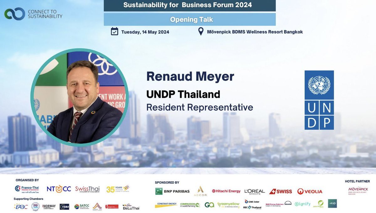 Looking forward to the Sustainability For Business Forum jointly organized by the Chambers of Commerce of 🇫🇷 🇳🇱 🇨🇭 🇸🇪 in #Thailand. I will have the pleasure of discussing #SustainableTourism & #JustEnergyTransition from the perspective of @UNDPThailand. 🙏 for the opportunity!