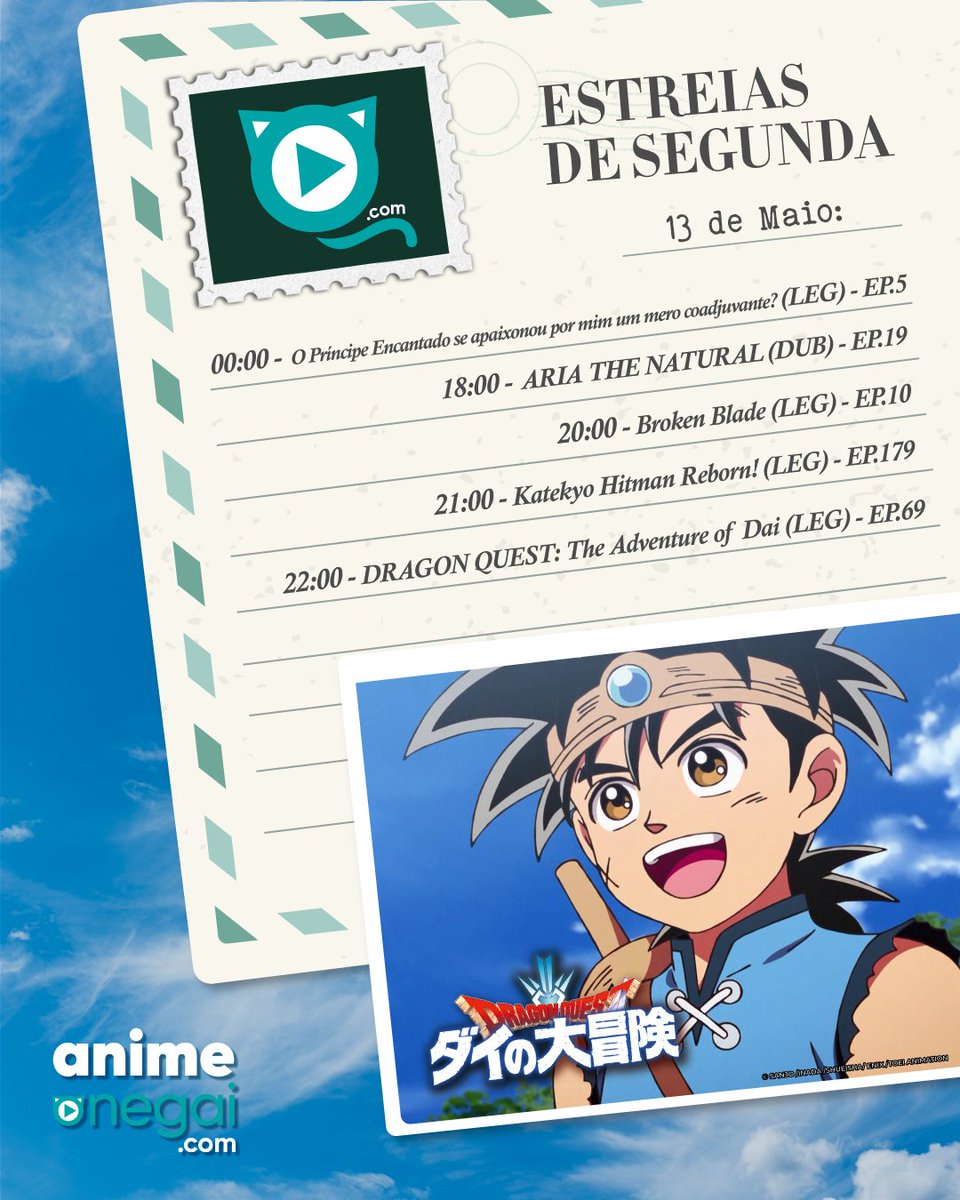 📬Segunda com novidade aqui na #AnimeOnegai! 💎Dragon Quest: The Adventure of Dai entra em modo turbo com novos episódios de segunda a sexta! E claro, novos episódios de suas séries e prediletas. Não perca nadinha!
#anime #animesbrasil