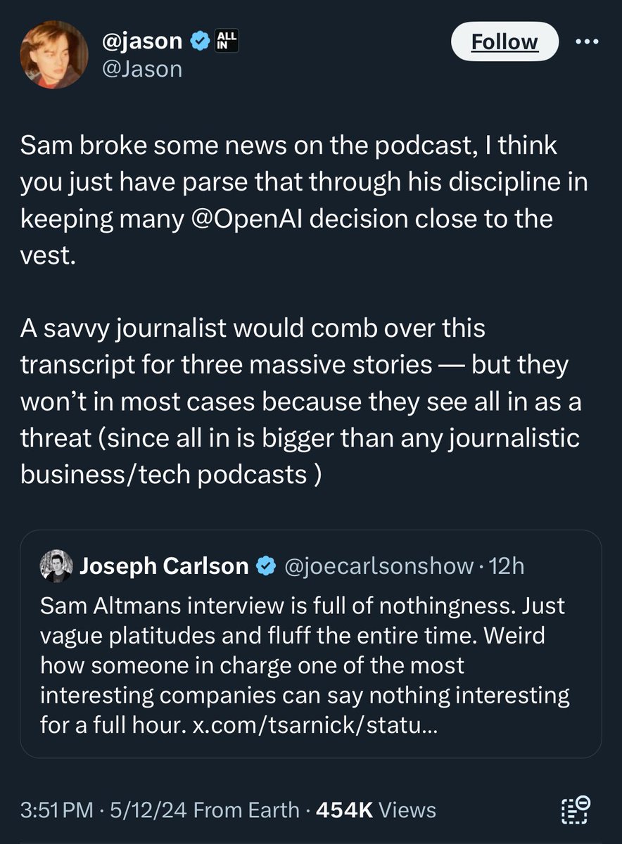 I literally spit out my water when I saw @DavidSacks’ reply to Jason’s defense of Sam Altman. Absolutely hilarious.