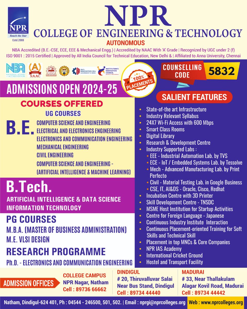 Admissions Open 2024 - 25

#NPRGI #NPR #NPRCOLLEGE #NPRNATHAM #NPRASC #NPRCET #NPRPC #NPRNRI #NPRAHS #AUTONOMOUS #NBA #NAAC #ISO #2F #UGC #MKU  #ANNAUNIVERSITY #AICTE #MOU #INNOVATIONCELL #INSTITUTIONINNOVATIONCOUNCIL