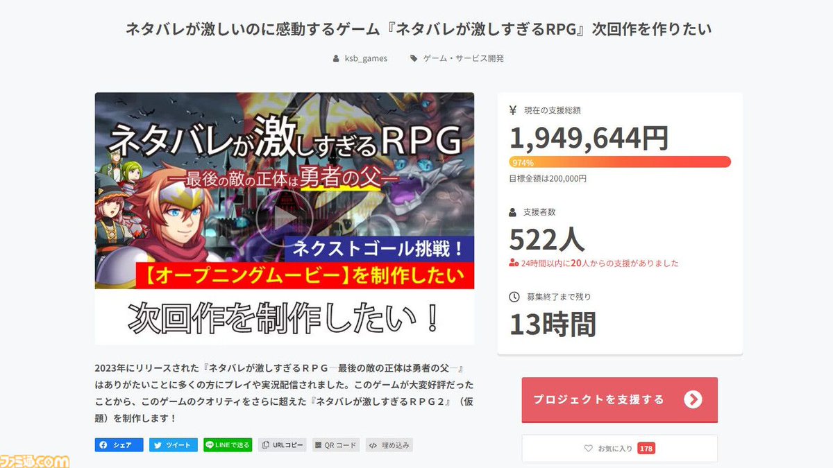 『ネタバレが激しすぎるRPG』続編制作のためのクラウドファンディングが目標金額の“974%”に到達【本日いっぱいで終了】
famitsu.com/article/202405…

これから起きる展開がほとんどネタバレされているのに“かなり感動できる”と話題になったフリーゲームの次回作に、多くの支援が集まっている。