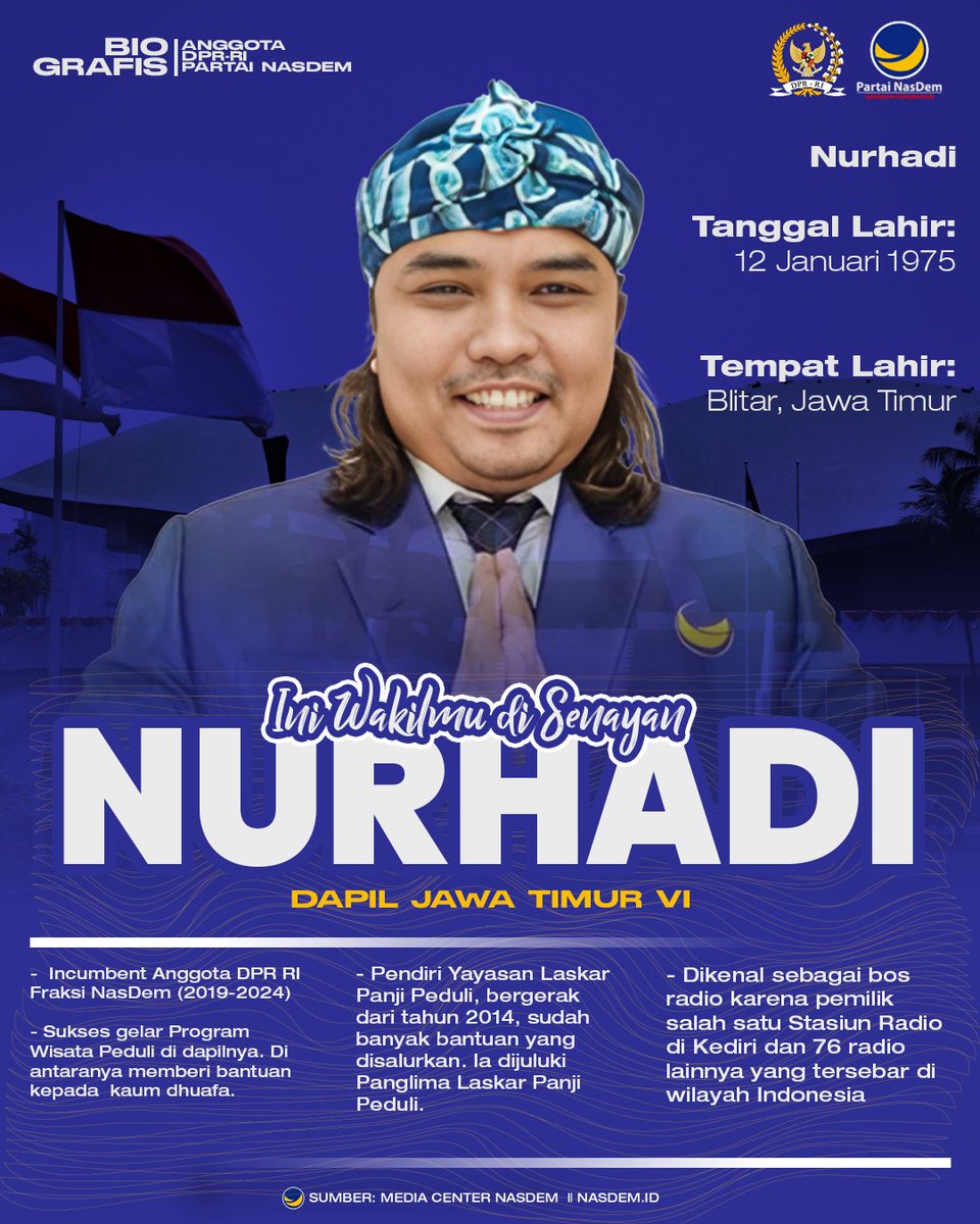 Ini dia wakilmu di Senayan: 𝗡𝘂𝗿𝗵𝗮𝗱𝗶 Kakak Nurhadi merupakan salah satu kader terbaik dari Partai NasDem yang kembali lolos ke Parlemen DPR RI. Menang dari dapil Jawa Timur VI kakak Nurhadi ini akan terus menggaungkan semangat restorasi untuk Indonesia. Berikut…