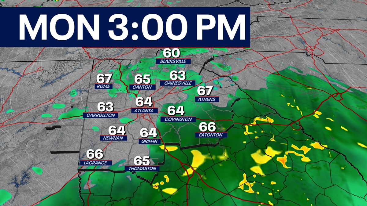 Light to moderate rain with isolated thunderstorms expected throughout Monday, temperatures will remain in the 60s all day long @FOX5Atlanta #gawx