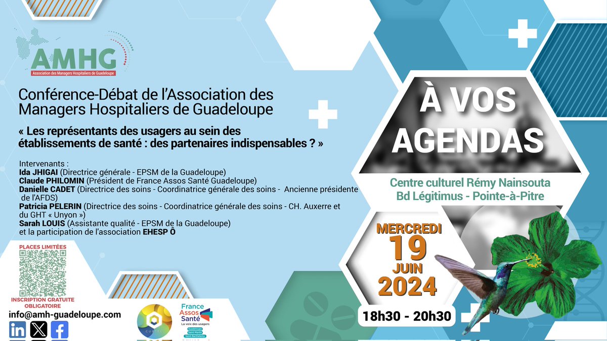 Managers Hospitaliers Guadeloupe 🏥 (@amhg_officiel) on Twitter photo 3ème conférence débat de l'année de l'AMHG.
Mercredi 19 juin 2024, Pointe-à-Pitre
📍 « Les représentants des usagers au sein des établissements de santé : des partenaires indispensables ? »
📍 info@amh-guadeloupe.com
<a href="/AFDS_Officiel/">AFDS</a>
<a href="/Chu_Gpe/">CHU DE LA GUADELOUPE</a> <a href="/ch_chbt/">CHBT</a> <a href="/ars_guadeloupe/">ARS Guadeloupe, Saint-Martin et Saint-Barthélemy</a> <a href="/EHESP/">EHESP</a> 3ème conférence débat de l'année de l'AMHG.
Mercredi 19 juin 2024, Pointe-à-Pitre
📍 « Les représentants des usagers au sein des établissements de santé : des partenaires indispensables ? »
📍 info@amh-guadeloupe.com
<a href="/AFDS_Officiel/">AFDS</a>
<a href="/Chu_Gpe/">CHU DE LA GUADELOUPE</a> <a href="/ch_chbt/">CHBT</a> <a href="/ars_guadeloupe/">ARS Guadeloupe, Saint-Martin et Saint-Barthélemy</a> <a href="/EHESP/">EHESP</a>