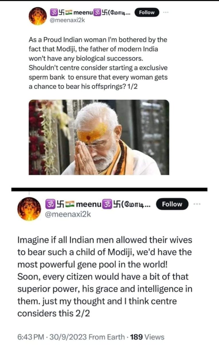 Hindu woman wants Modi to inseminate all Indian women AND men. That way "every citizen" can get a "bit" of his superior intelligence! 

Modi is the "genius" who believes ancient Indians invented plastic surgery bc Ganesha in Hindu mythology has a human body and elephant head. 🤣