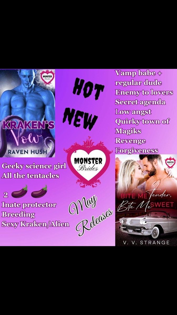 #MonsterBrides and #MonsterGrooms? Yes please!

Check out Monster Brides!

Bite Me Tender, Bite Me Sweet
V.V. Strange
rb.gy/b83ned

Kraken’s Vow
Raven Hush
books2read.com/krakensvow

#romance #romancereaders #ForbiddenLove #monstersmut #monsterlover
