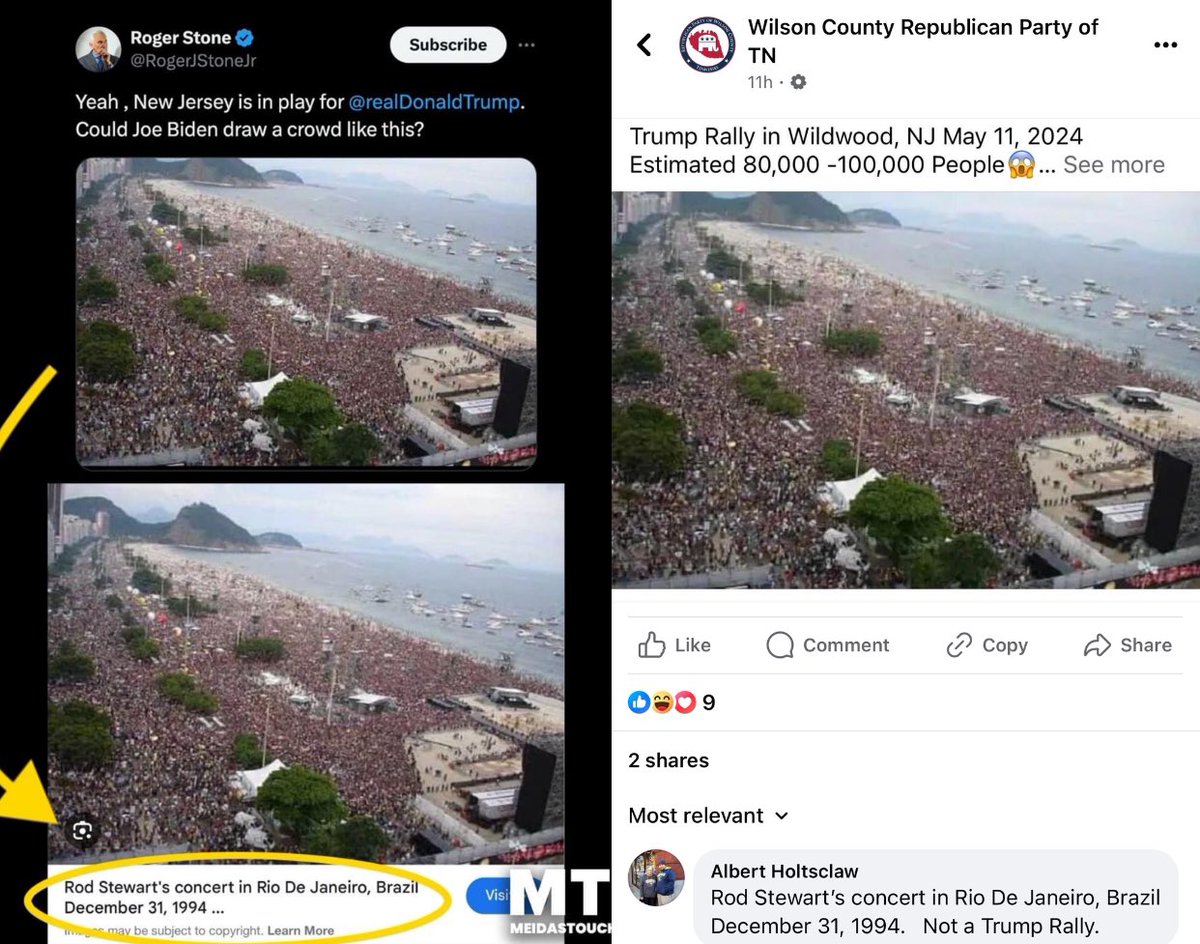 Like Roger Stone, the Wilson County Republican Party has also shared the fake pic of Trump’s NJ crowd — which is actually a Rod Stewart show In Brazil 30 years ago. They were told as much in their comments, but have still not deleted/corrected.