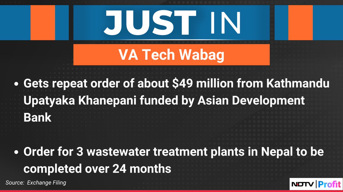 #VATechWabag gets repeat order of about $49 million from Kathmandu Upatyaka Khanepani funded by #AsianDevelopmentBank.

For the latest news and updates, visit: ndtvprofit.com
