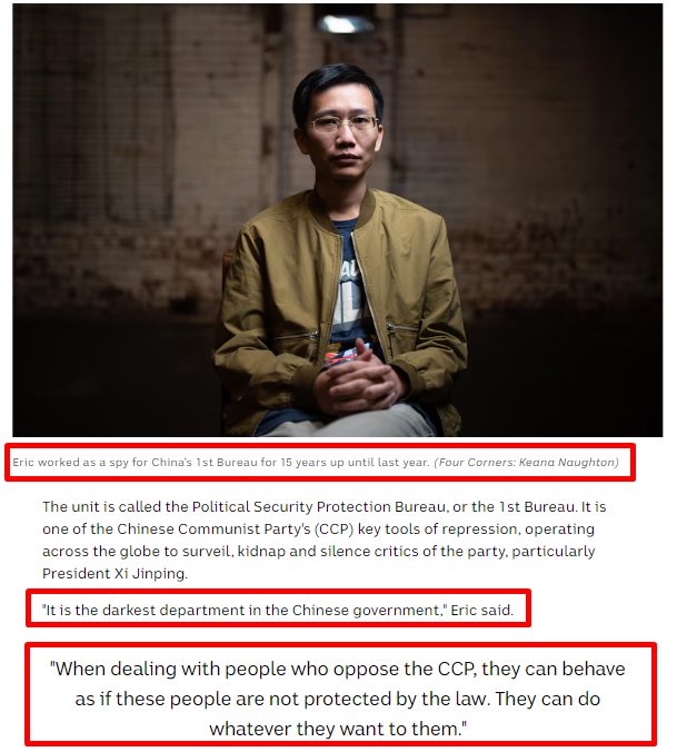 Eric worked as a spy for the CCP's 1st Bureau for 15 years until last year. He told ABC Australia how the CCP carries out its transnational repression schemes to surveil, kidnap and silence critics of the CCP! 
abc.net.au/news/2024-05-1…
#TakeDownTheCCP  @LFATVUS @TheBigMigShow…
