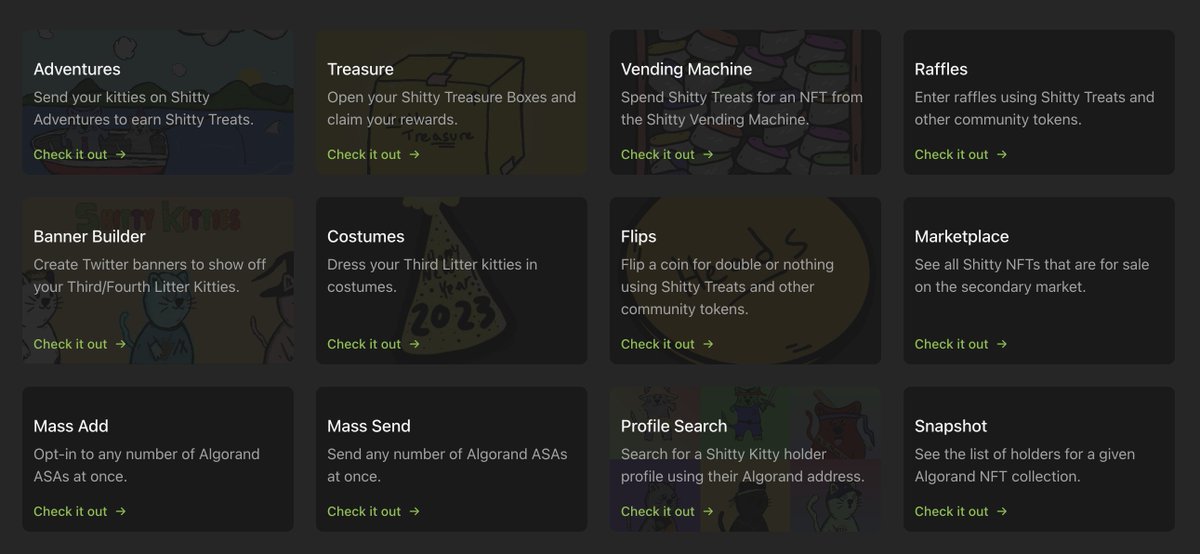 ShittyKitties_'s tweet image. 🔗 The #ShittyKitties website has 10+ utilities holders can utilize and we built them all in-house.

shittykitties.art

Fun fact: The #ShittyVendingMachine was created on Nov 16, 2022. We&apos;ve had 18 VM events since then and given away over 4,000 #AlgorandNFTs 🤯