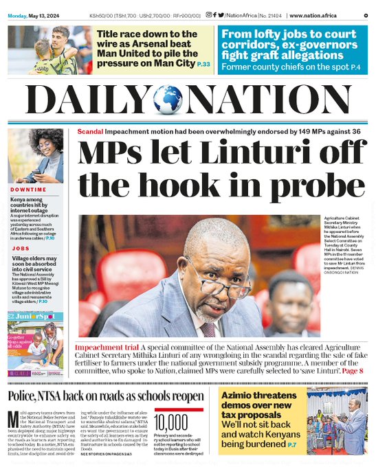 Hot off the press :
* MPs let Linturi off the hook in probe
* Police, NTSA back on highyways as schools reopen
* Title race down to the wire.

Read On : epaper.nation.africa

@MariamBishar @brian_aseli

#MorningFix