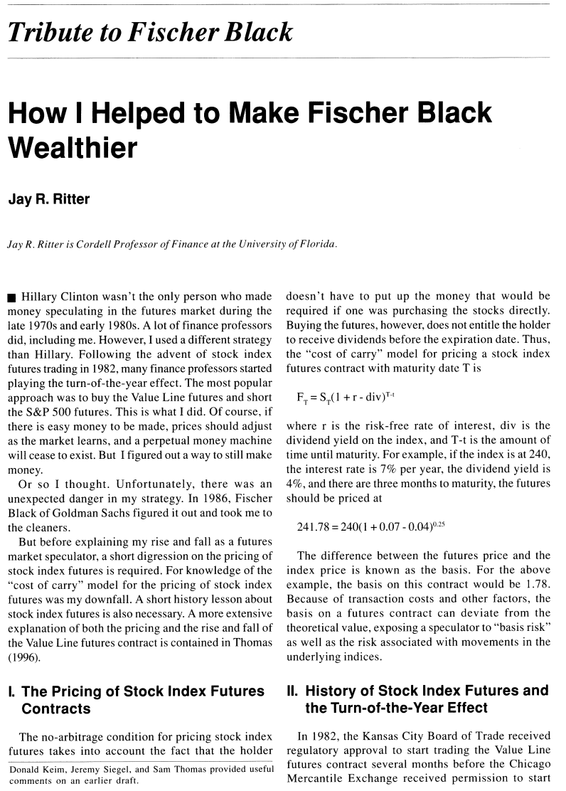 alz_zyd_'s tweet photo. Just found a super funny paper by Jay Ritter, tldr:

- For some period small firms outperformed big firms in a few days in early January
- Some finance profs tried to exploit this by taking a long-"value line" (heavy small stocks) index futures, short SP 500 index futures https://t.co/cjhHIFutx8